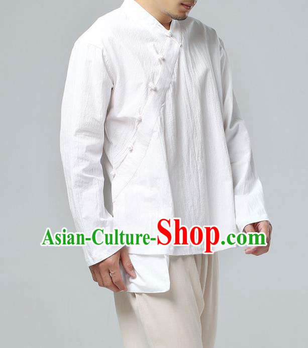 Traditional Top Chinese National Tang Suits Linen Frock Costume, Martial Arts Kung Fu Slant Opening Long Sleeve White Shirt, Kung fu Plate Buttons Upper Outer Garment Meditation Suit, Chinese Taichi Shirts Wushu Clothing for Men
