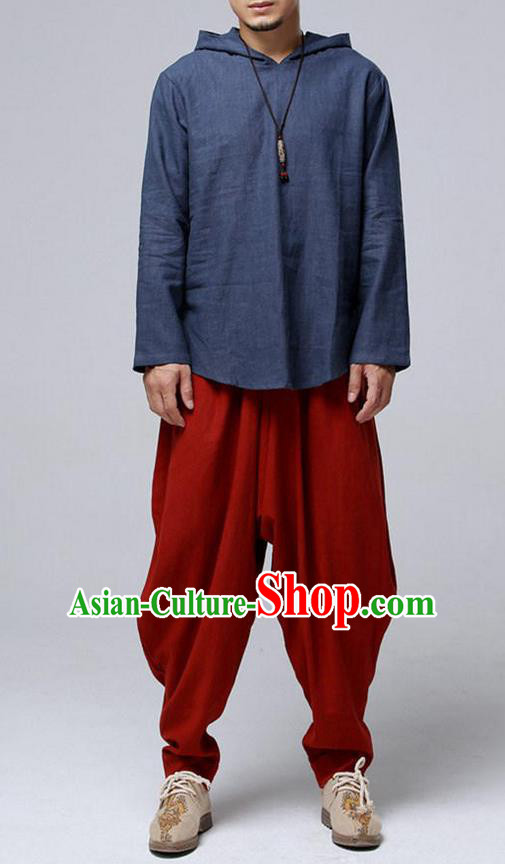 Traditional Top Chinese National Tang Suits Linen Frock Costume, Martial Arts Kung Fu Long Sleeve Grey-Blue Hooded T-Shirt, Kung fu Upper Outer Garment, Chinese Taichi Shirts Wushu Clothing for Men