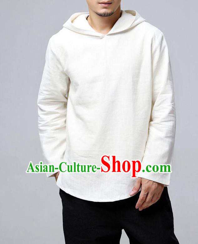 Traditional Top Chinese National Tang Suits Linen Frock Costume, Martial Arts Kung Fu Long Sleeve White Hooded T-Shirt, Kung fu Upper Outer Garment, Chinese Taichi Shirts Wushu Clothing for Men