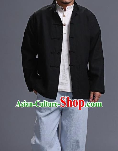 Traditional Top Chinese National Tang Suits Linen Costume, Martial Arts Kung Fu Front Opening Black Coats, Kung fu Plate Buttons Jacket, Chinese Taichi Short Coats Wushu Clothing for Men