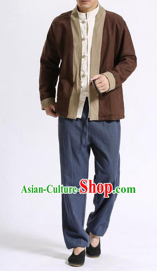 Traditional Top Chinese National Tang Suits Linen Frock Costume, Martial Arts Kung Fu Front Opening Double Color Brown Blue Coats, Kung fu Upper Outer Garment, Chinese Taichi Double Side Short Coats Wushu Clothing for Men