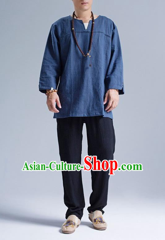 Traditional Top Chinese National Tang Suits Linen Frock Costume, Martial Arts Kung Fu Long Sleeve Deep Blue T-Shirt, Kung fu Upper Outer Garment, Chinese Taichi Shirts Wushu Clothing for Men