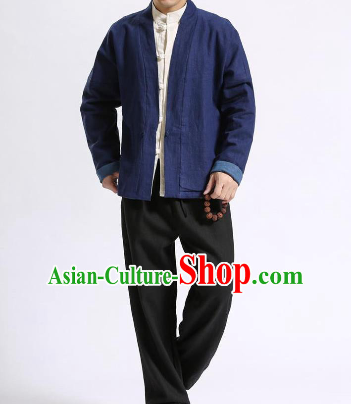 Traditional Top Chinese National Tang Suits Linen Frock Costume, Martial Arts Kung Fu Front Opening Double Color Blue Coats, Kung fu Upper Outer Garment, Chinese Taichi Double Side Short Coats Wushu Clothing for Men