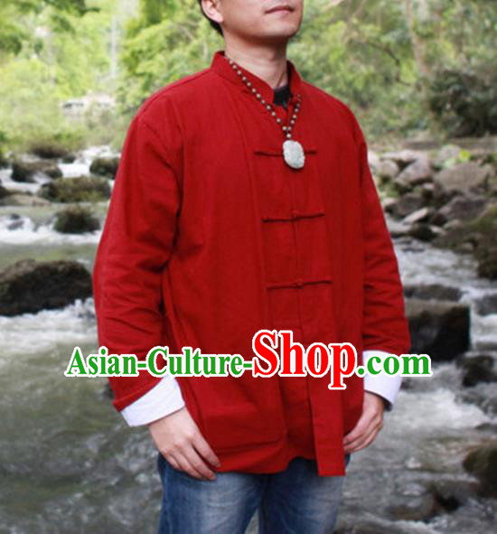 Traditional Top Chinese National Tang Suits Linen Costume, Martial Arts Kung Fu Front Opening Red Coats, Kung fu Plate Buttons Jacket, Chinese Taichi Short Coats Wushu Clothing for Men