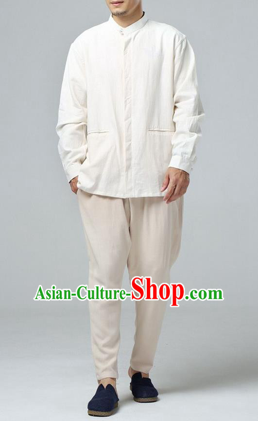 Traditional Top Chinese National Tang Suits Linen Frock Costume, Martial Arts Kung Fu White Jacket Shirt, Kung fu Thin Upper Outer Garment Blouse, Chinese Taichi Thin Coats Wushu Clothing for Men