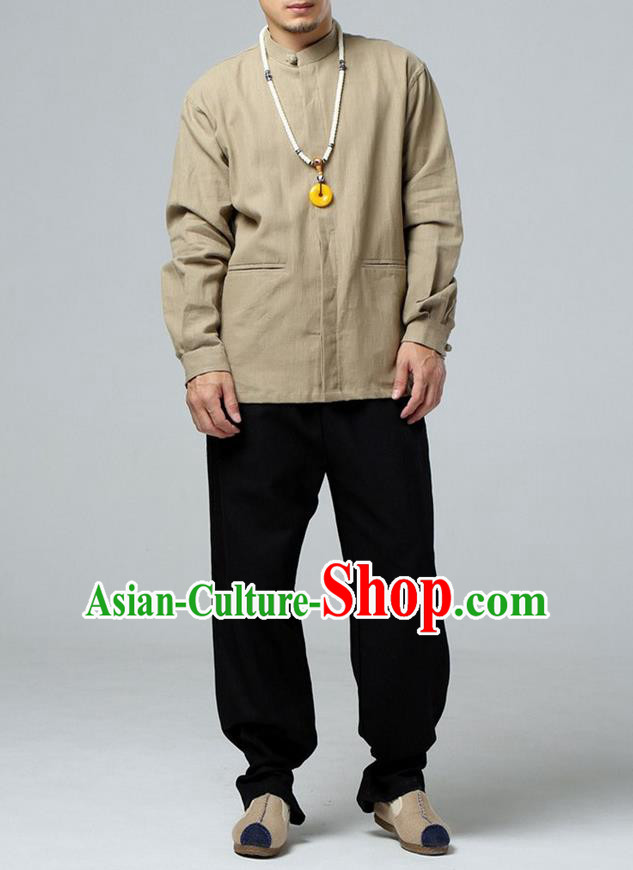 Traditional Top Chinese National Tang Suits Linen Frock Costume, Martial Arts Kung Fu Wheat Jacket Shirt, Kung fu Thin Upper Outer Garment Blouse, Chinese Taichi Thin Coats Wushu Clothing for Men