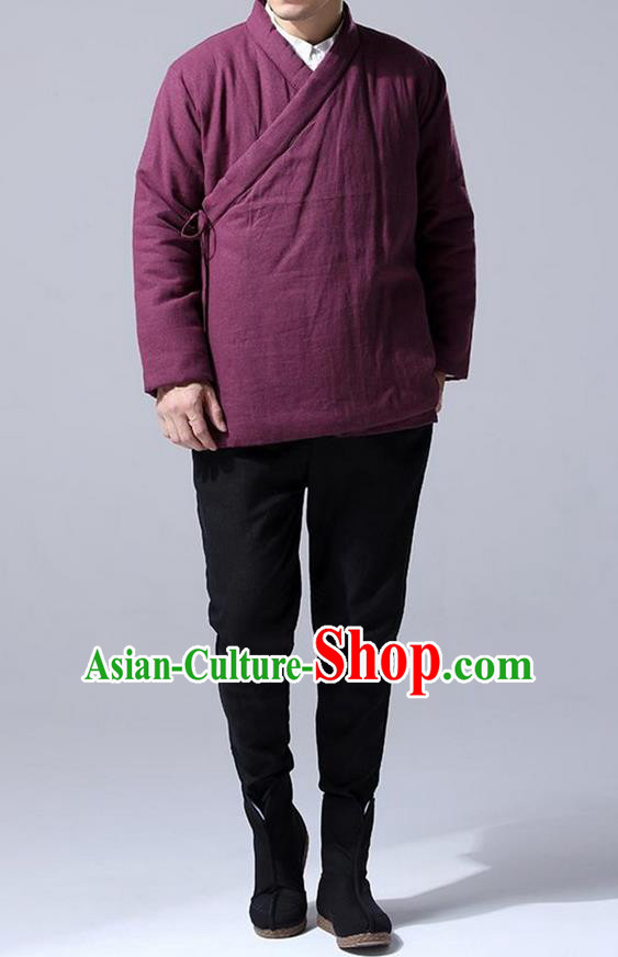 Traditional Top Chinese National Tang Suits Linen Costume, Martial Arts Kung Fu Slant Opening Fuchsia Coats, Kung fu Tying on Cotton-Padded Jacket, Chinese Taichi Cotton-Padded Short Coats Wushu Clothing for Men