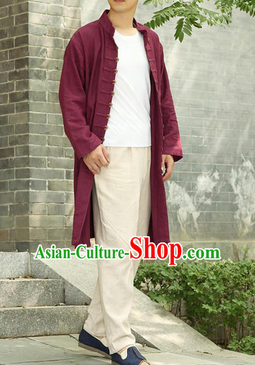 Traditional Top Chinese National Tang Suits Linen Costume, Martial Arts Kung Fu Front Opening Red Long Coats, Kung fu Copper Buckle Jacket, Chinese Taichi Dust Coats Wushu Clothing for Men