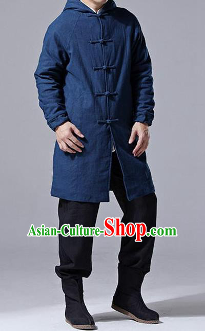 Traditional Top Chinese National Tang Suits Linen Costume, Martial Arts Kung Fu Front Opening Dark Navy Add Wool Long Hooded Coats, Kung fu Plate Buttons Cotton-Padded Dust Coat, Chinese Taichi Coats Wushu Clothing for Men