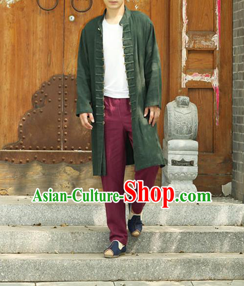 Traditional Top Chinese National Tang Suits Linen Costume, Martial Arts Kung Fu Front Opening Mixed Olives Long Coats, Kung fu Copper Buckle Jacket, Chinese Taichi Dust Coats Wushu Clothing for Men