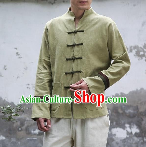 Traditional Top Chinese National Tang Suits Linen Frock Costume, Martial Arts Kung Fu Embroidery Totem Slant Opening Green Shirt, Kung fu Plate Buttons Thin Upper Outer Garment Jacket, Chinese Taichi Thin Coats Wushu Clothing for Men