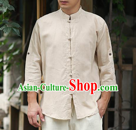 Traditional Top Chinese National Tang Suits Linen Frock Costume, Martial Arts Kung Fu Stand Collar Beige Shirt, Kung fu Plate Buttons Thin Upper Outer Garment Blouse, Chinese Taichi Thin Shirts Wushu Clothing for Men