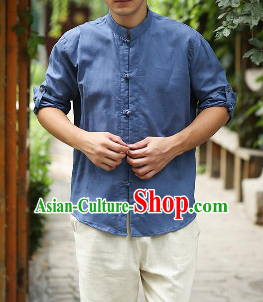 Traditional Top Chinese National Tang Suits Linen Frock Costume, Martial Arts Kung Fu Stand Collar Deep Blue Shirt, Kung fu Plate Buttons Thin Upper Outer Garment Blouse, Chinese Taichi Thin Shirts Wushu Clothing for Men