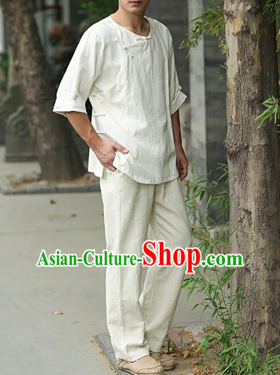 Traditional Top Chinese National Tang Suits Linen Frock Costume, Martial Arts Kung Fu Slant Opening Beige T-Shirt, Kung fu Plate Buttons Upper Outer Garment Half Sleeve Blouse, Chinese Taichi Thin Shirts Wushu Clothing for Men