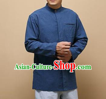 Traditional Top Chinese National Tang Suits Linen Frock Costume, Martial Arts Kung Fu Chinese Tunic Suit Blue Shirt, Sun Yat Sen Suit Thin Upper Outer Garment Blouse, Chinese Taichi Thin Shirts Wushu Clothing for Men