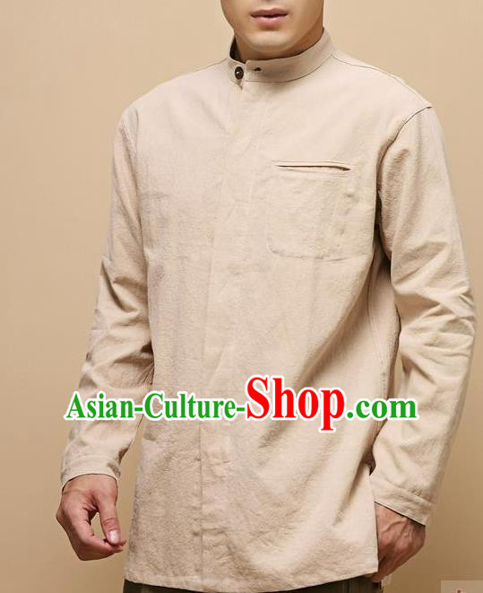 Traditional Top Chinese National Tang Suits Linen Frock Costume, Martial Arts Kung Fu Chinese Tunic Suit Beige Shirt, Sun Yat Sen Suit Thin Upper Outer Garment Blouse, Chinese Taichi Thin Shirts Wushu Clothing for Men