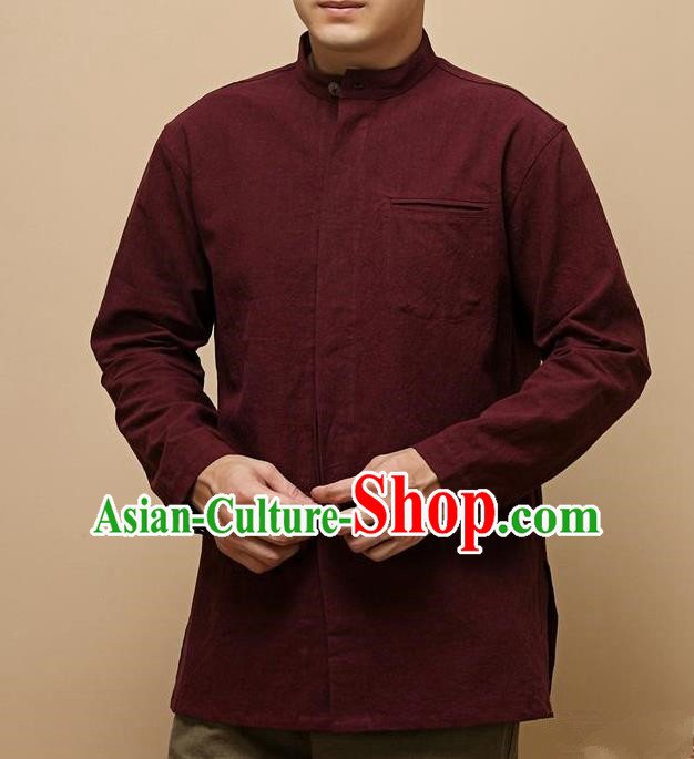 Traditional Top Chinese National Tang Suits Linen Frock Costume, Martial Arts Kung Fu Chinese Tunic Suit Dark Red Shirt, Sun Yat Sen Suit Thin Upper Outer Garment Blouse, Chinese Taichi Thin Shirts Wushu Clothing for Men