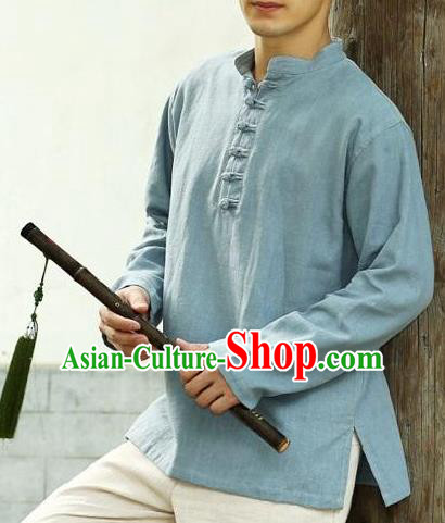 Traditional Top Chinese National Tang Suits Linen Frock Costume, Martial Arts Kung Fu Long Sleeve Light Blue T-Shirt, Kung fu Plate Buttons Upper Outer Garment Half Sleeve Blouse, Chinese Taichi Thin Shirts Wushu Clothing for Men