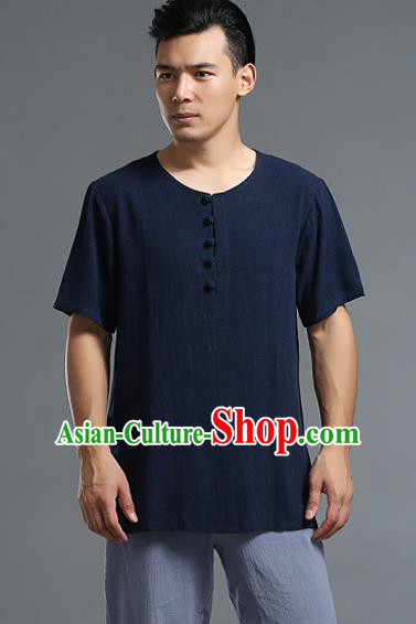 Traditional Top Chinese National Tang Suits Linen Frock Costume, Martial Arts Kung Fu Long Sleeve Navy T-Shirt, Kung fu Plate Buttons Upper Outer Garment Blouse, Chinese Taichi Thin Shirts Wushu Clothing for Men