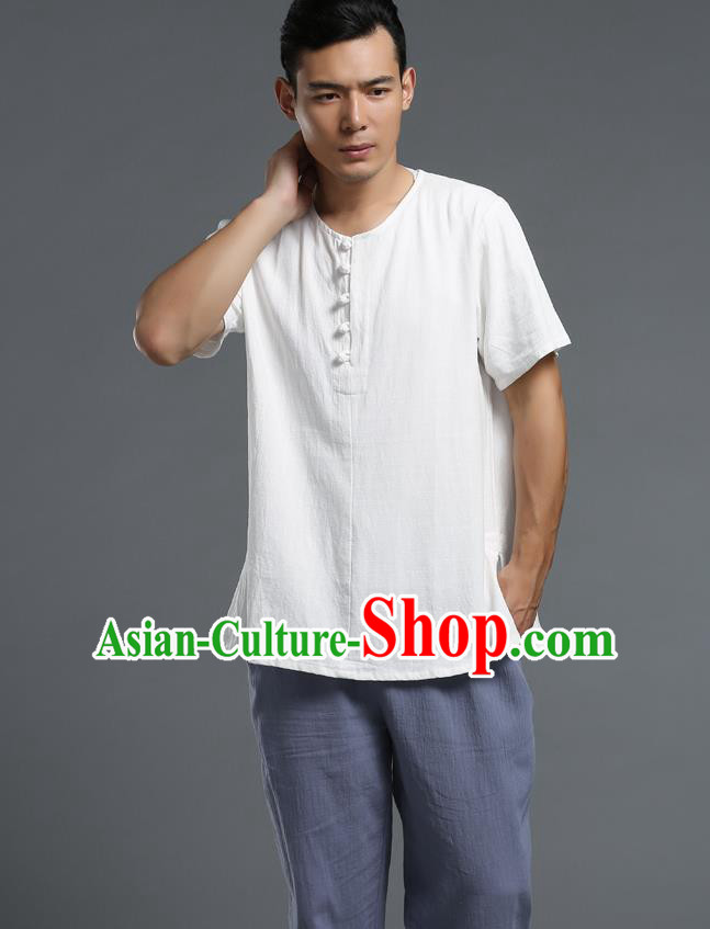 Traditional Top Chinese National Tang Suits Linen Frock Costume, Martial Arts Kung Fu Long Sleeve White T-Shirt, Kung fu Plate Buttons Upper Outer Garment Blouse, Chinese Taichi Thin Shirts Wushu Clothing for Men