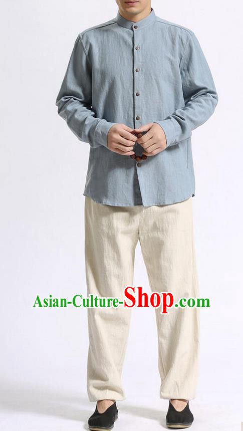 Traditional Top Chinese National Tang Suits Linen Costume, Martial Arts Kung Fu Stand Collar Light Blue Shirt, Chinese Kung fu Coconut Buttons Thin Upper Outer Garment Blouse, Chinese Taichi Thin Shirts Wushu Clothing for Men