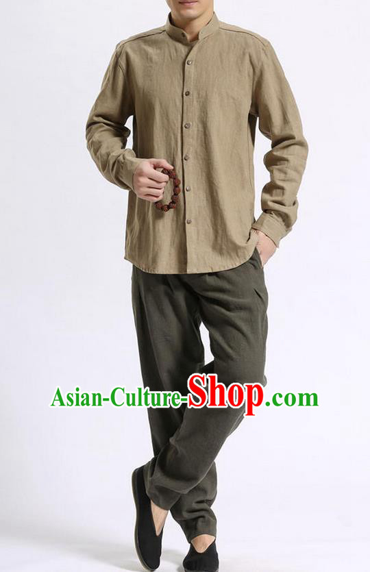 Traditional Top Chinese National Tang Suits Linen Costume, Martial Arts Kung Fu Stand Collar Wheat Shirt, Chinese Kung fu Coconut Buttons Thin Upper Outer Garment Blouse, Chinese Taichi Thin Shirts Wushu Clothing for Men