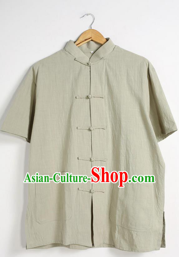 Traditional Top Chinese National Tang Suits Linen Front Opening Costume, Martial Arts Kung Fu Stand Collar Short Sleeve Green T-Shirt, Chinese Kung fu Plate Buttons Upper Outer Garment Blouse, Chinese Taichi Thin Shirts Wushu Clothing for Men