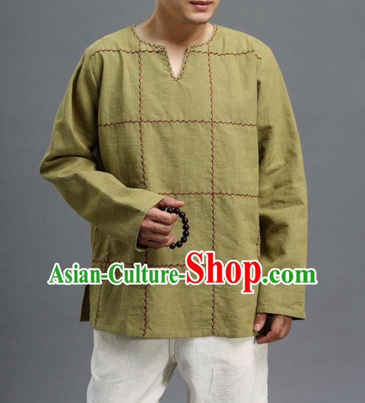 Traditional Top Chinese National Tang Suits Linen Costume, Martial Arts Kung Fu Embroidery Threads Long Sleeve Green T-Shirt, Chinese Kung fu Upper Outer Garment Blouse, Chinese Taichi Thin Shirts Wushu Clothing for Men