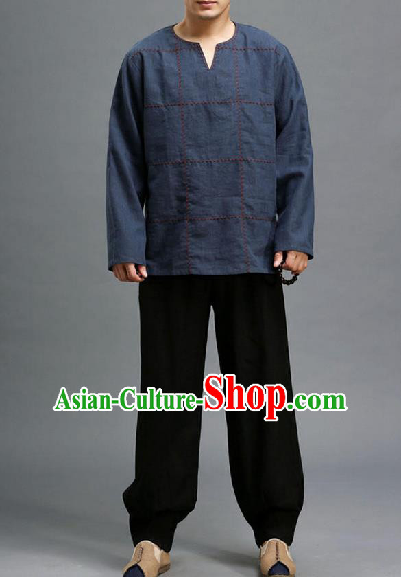 Traditional Top Chinese National Tang Suits Linen Costume, Martial Arts Kung Fu Embroidery Threads Long Sleeve Navy T-Shirt, Chinese Kung fu Upper Outer Garment Blouse, Chinese Taichi Thin Shirts Wushu Clothing for Men