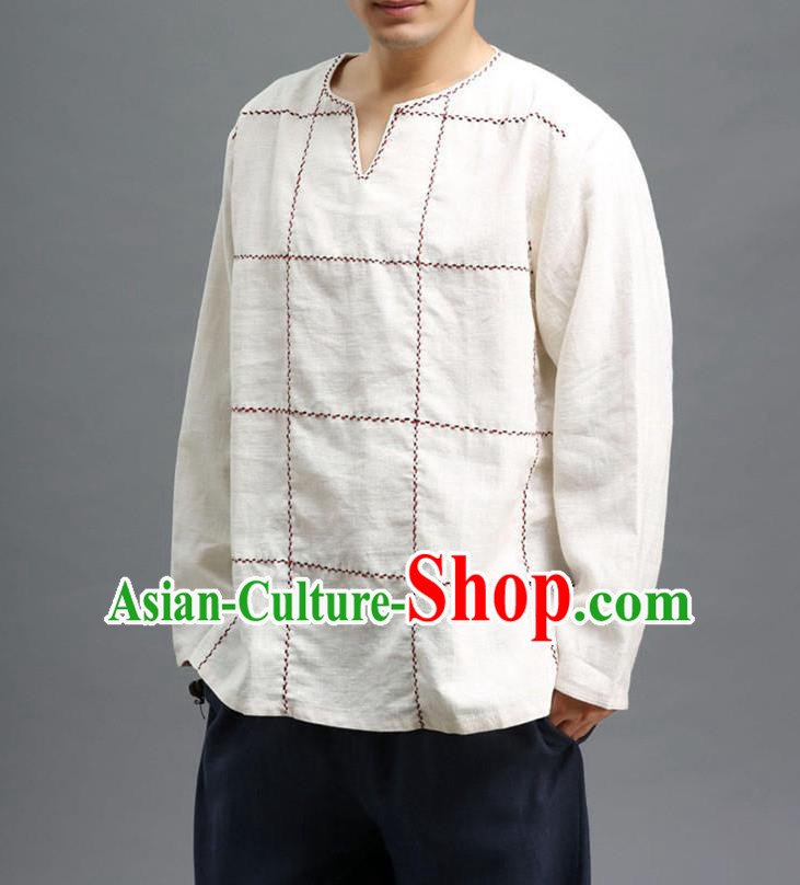 Traditional Top Chinese National Tang Suits Linen Costume, Martial Arts Kung Fu Embroidery Threads Long Sleeve White T-Shirt, Chinese Kung fu Upper Outer Garment Blouse, Chinese Taichi Thin Shirts Wushu Clothing for Men