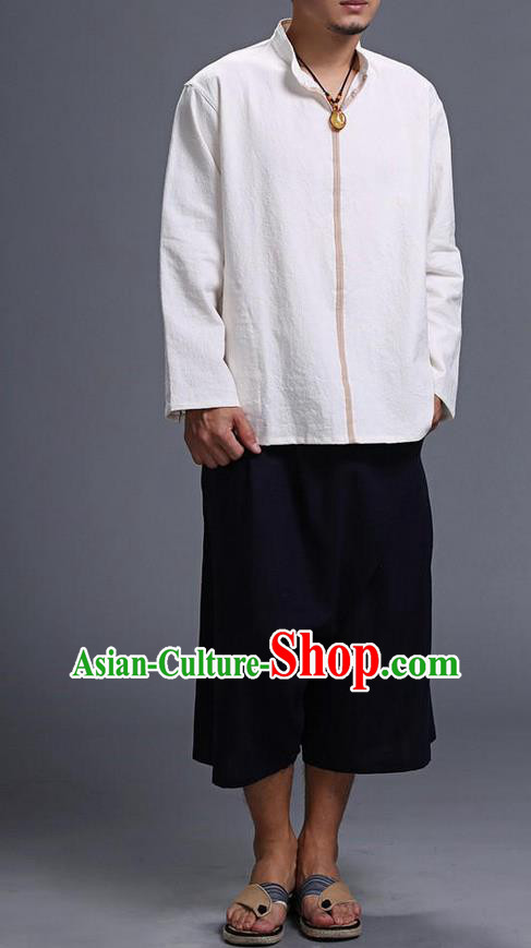 Traditional Top Chinese National Tang Suits Linen Costume, Martial Arts Kung Fu Stand Collar Long Sleeve White Overcoat, Chinese Kung fu Upper Outer Garment Blouse, Chinese Taichi Thin Shirts Wushu Clothing for Men