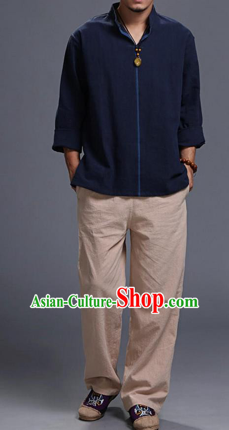 Traditional Top Chinese National Tang Suits Linen Costume, Martial Arts Kung Fu Stand Collar Long Sleeve Navy Overcoat, Chinese Kung fu Upper Outer Garment Blouse, Chinese Taichi Thin Shirts Wushu Clothing for Men