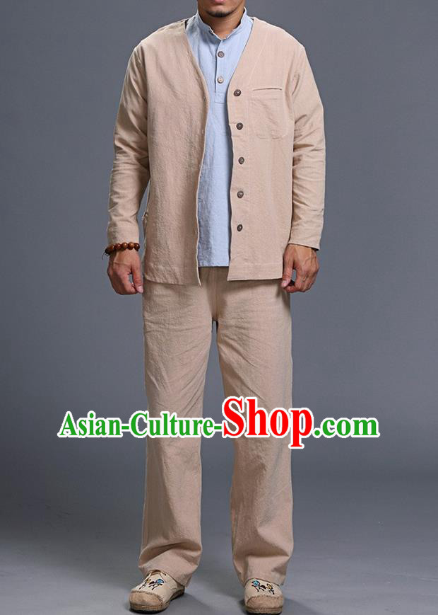 Traditional Top Chinese National Tang Suits Linen Costume, Martial Arts Kung Fu Long Sleeve Beige Overcoat, Chinese Kung fu Upper Outer Garment Jacket, Chinese Taichi Thin Short Cardigan Wushu Clothing for Men