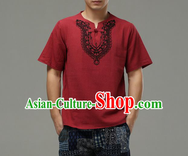 Traditional Top Chinese National Tang Suits Linen Costume, Martial Arts Kung Fu Embroidery Short Sleeve Red T-Shirt, Chinese Kung fu Plate Buttons Upper Outer Garment Blouse, Chinese Taichi Thin Shirts Wushu Clothing for Men
