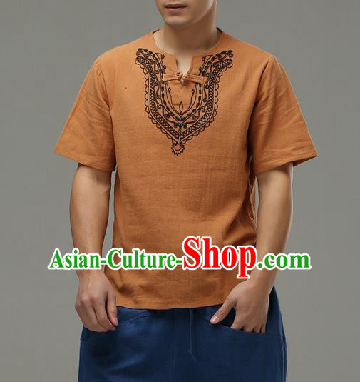 Traditional Top Chinese National Tang Suits Linen Costume, Martial Arts Kung Fu Embroidery Short Sleeve Ginger T-Shirt, Chinese Kung fu Plate Buttons Upper Outer Garment Blouse, Chinese Taichi Thin Shirts Wushu Clothing for Men