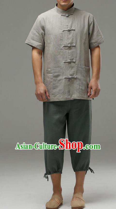 Traditional Top Chinese National Tang Suits Linen Front Opening Costume, Martial Arts Kung Fu Embroidery Short Sleeve Grey Shirt, Chinese Kung fu Plate Buttons Upper Outer Garment Blouse, Chinese Taichi Thin Shirts Wushu Clothing for Men