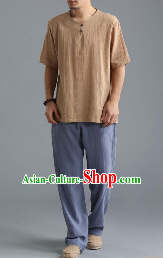 Traditional Top Chinese National Tang Suits Linen Costume, Martial Arts Kung Fu Short Sleeve Wheat Shirt, Chinese Kung fu Plate Buttons Upper Outer Garment Blouse, Chinese Taichi Thin Shirts Wushu Clothing for Men