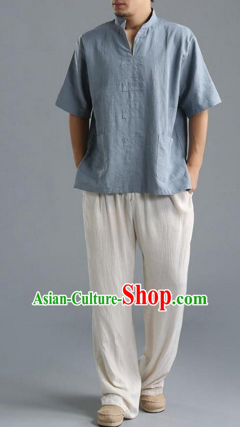 Traditional Top Chinese National Tang Suits Linen Costume, Martial Arts Kung Fu Short Sleeve Blue Shirt, Chinese Kung fu Upper Outer Garment Blouse, Chinese Taichi Thin Shirts Wushu Clothing for Men