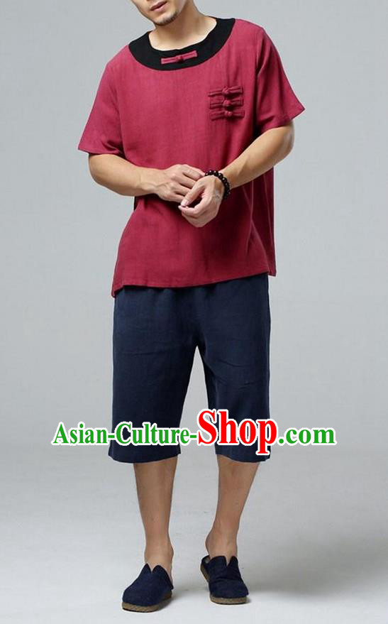 Traditional Top Chinese National Tang Suits Linen Costume, Martial Arts Kung Fu Short Sleeve Red Gored Shirt, Chinese Kung fu Plate Buttons Upper Outer Garment Blouse, Chinese Taichi Thin Shirts Wushu Clothing for Men