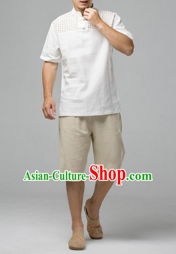 Traditional Top Chinese National Tang Suits Linen Costume, Martial Arts Kung Fu Short Sleeve White Hollow Shirt, Chinese Kung fu Plate Buttons Upper Outer Garment Blouse, Chinese Taichi Thin Shirts Wushu Clothing for Men