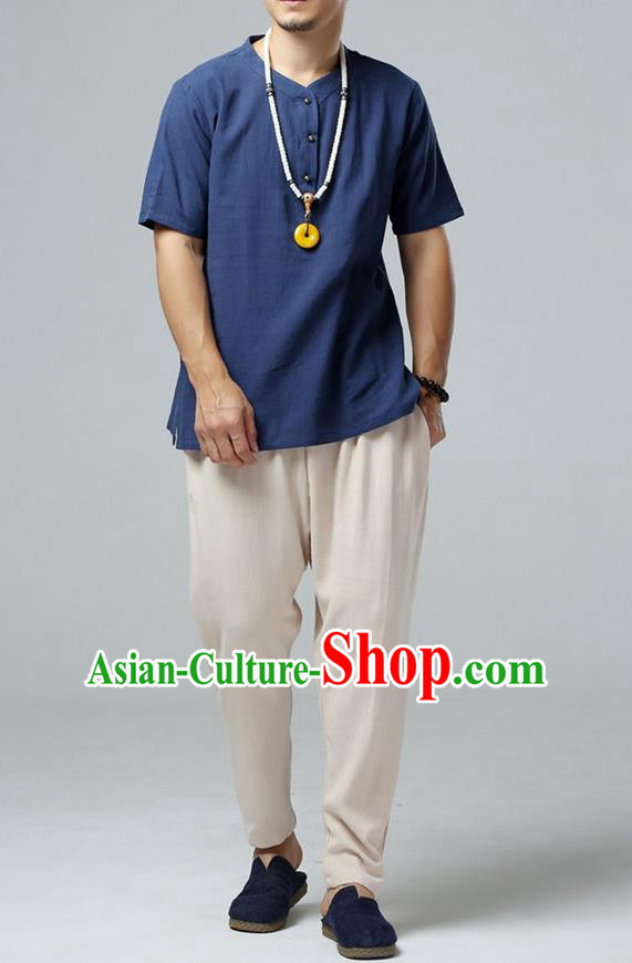Traditional Top Chinese National Tang Suits Linen Costume, Martial Arts Kung Fu Short Sleeve Navy Shirt, Chinese Kung fu Brass Buttons Upper Outer Garment Blouse, Chinese Taichi Thin Shirts Wushu Clothing for Men