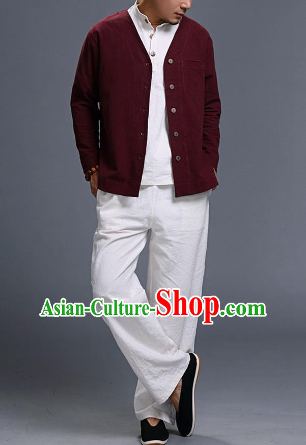 Traditional Top Chinese National Tang Suits Linen Costume, Martial Arts Kung Fu Long Sleeve Dark Red Overcoat, Chinese Kung fu Upper Outer Garment Jacket, Chinese Taichi Thin Short Cardigan Wushu Clothing for Men
