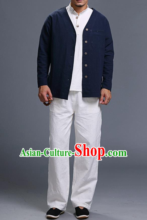 Traditional Top Chinese National Tang Suits Linen Costume, Martial Arts Kung Fu Long Sleeve Navy Overcoat, Chinese Kung fu Upper Outer Garment Jacket, Chinese Taichi Thin Short Cardigan Wushu Clothing for Men