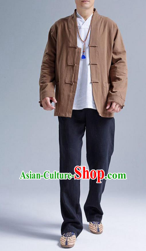 Traditional Top Chinese National Tang Suits Linen Front Opening Costume, Martial Arts Kung Fu Brown Coats, Chinese Kung fu Plate Buttons Jacket, Chinese Taichi Short Coats Wushu Cardigan Clothing for Men