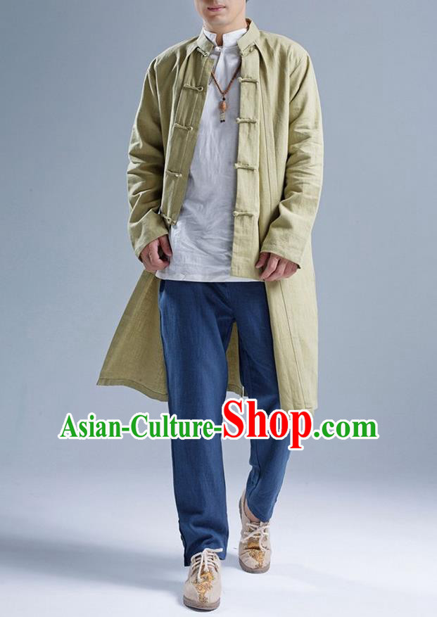 Traditional Top Chinese National Tang Suits Linen Front Opening Costume, Martial Arts Kung Fu Green Coats, Chinese Kung fu Plate Buttons Upper Outer Garment Overcoat, Chinese Taichi Dust Coat Wushu Clothing for Men