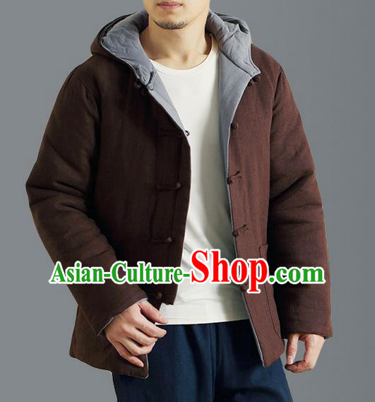 Traditional Top Chinese National Tang Suits Linen Front Opening Costume, Martial Arts Kung Fu Reversible Coffee-Grey Overcoat, Chinese Kung fu Plate Buttons Thin Upper Outer Garment Jacket, Chinese Taichi Thin Cotton-Padded Coats Wushu Clothing for Men