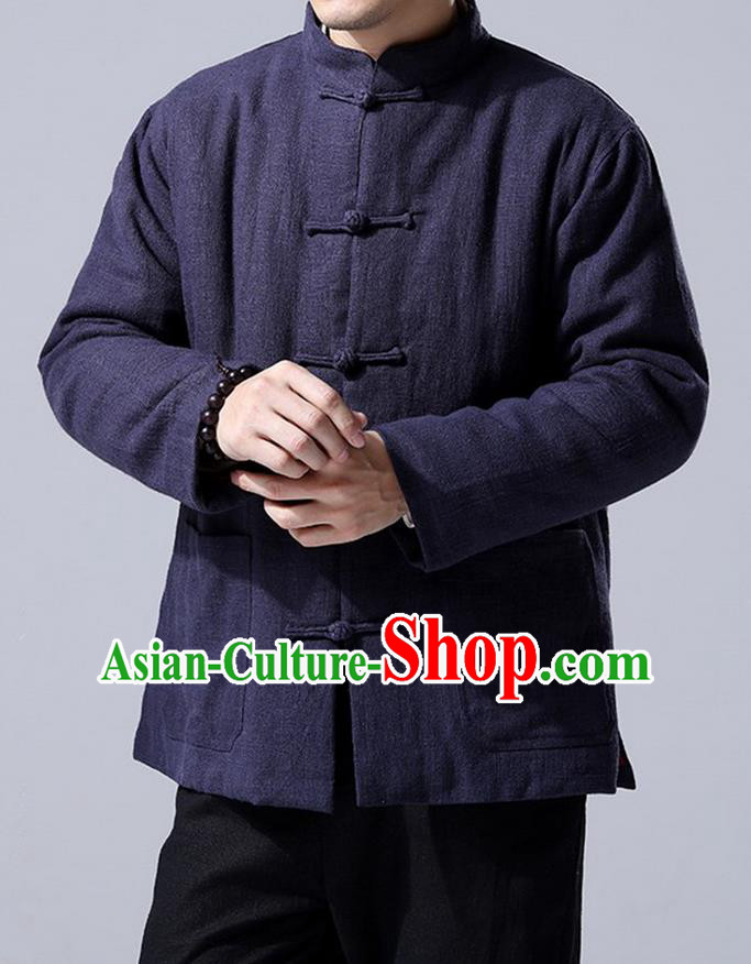 Traditional Top Chinese National Tang Suits Linen Front Opening Costume, Martial Arts Kung Fu Navy Overcoat, Chinese Kung fu Plate Buttons Upper Outer Garment Jacket, Chinese Taichi Thin Cotton-Padded Coats Wushu Clothing for Men