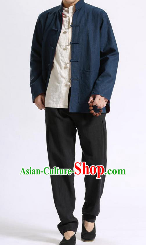 Traditional Top Chinese National Tang Suits Linen Front Opening Costume, Martial Arts Kung Fu Double-Color Reversible Red-Navy Overcoat, Chinese Kung fu Plate Buttons Thin Upper Outer Garment Jacket, Chinese Taichi Thin Coats Wushu Clothing for Men