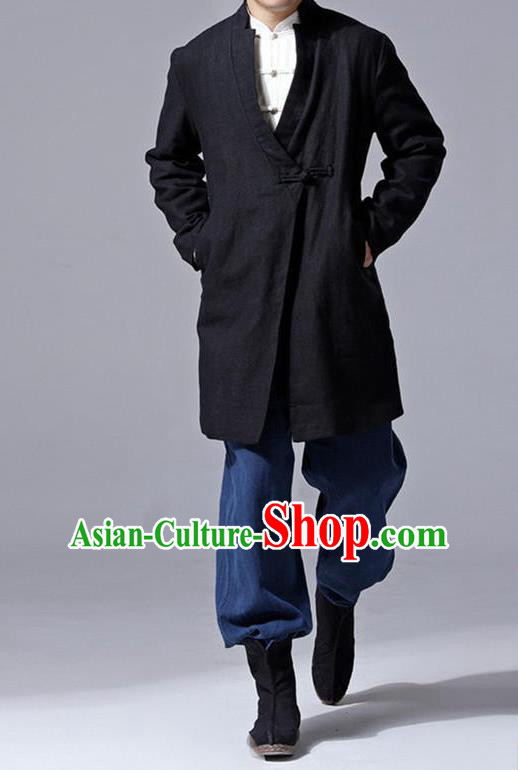 Traditional Top Chinese National Tang Suits Linen Slant Opening Costume, Martial Arts Kung Fu Black Overcoat, Chinese Kung fu Plate Buttons Thin Upper Outer Garment Jacket, Chinese Taichi Thin Dust Coats Wushu Clothing for Men