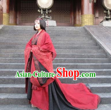 Traditional Ancient Chinese Imperial Empress Wedding Costume, Elegant Hanfu Red Dress Chinese Qin Dynasty Imperial Queen Elegant Tailing Embroidered Clothing for Women